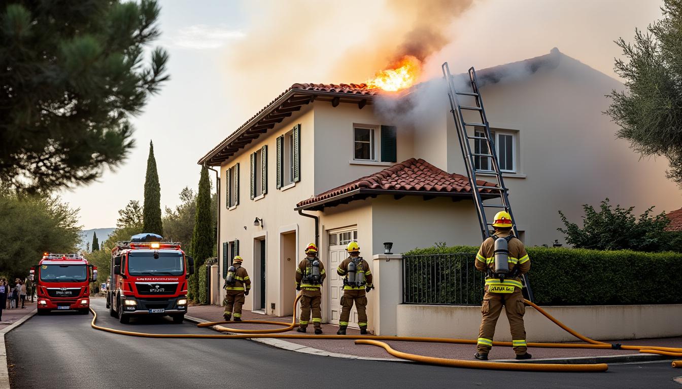 incendie d'une maison individuelle à toulon : intervention rapide et efficace des sapeurs-pompiers pour maîtriser les flammes et assurer la sécurité des habitants.
