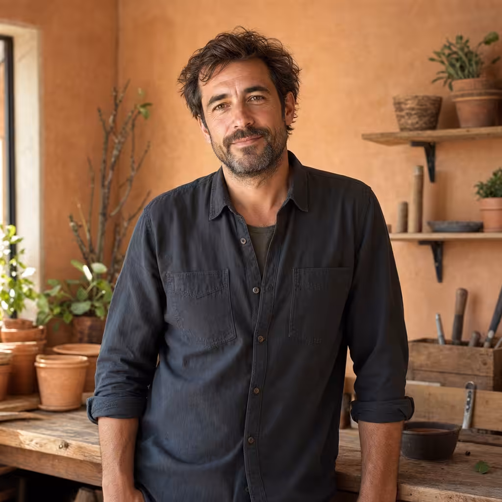 Homme souriant dans atelier de jardinage rustique